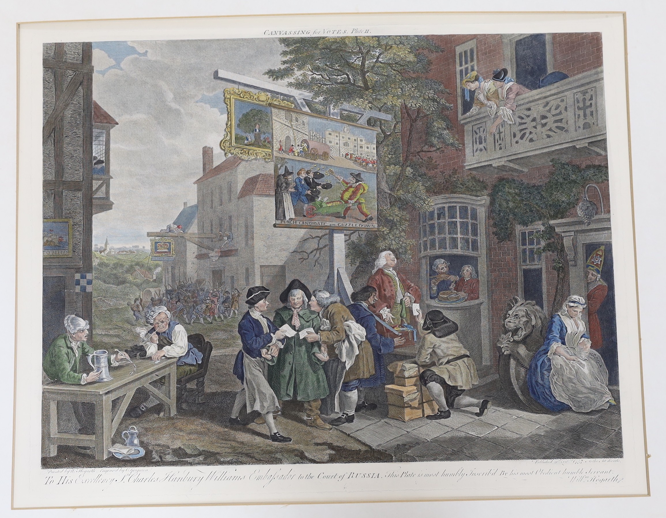 After William Hogarth, set of four hand coloured engravings, 'The Election Series', visible sheet, 46 x 58cm